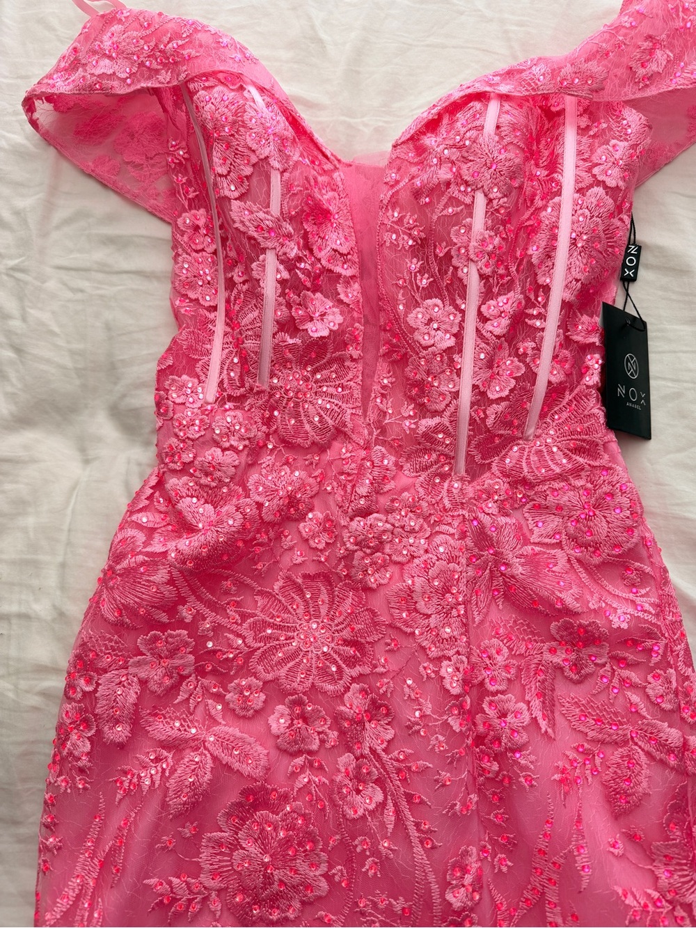 NWT Nox Elegant Pink Lace Gown with Slit